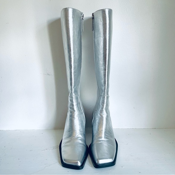 Anthropologie Caverley Oscar Metallic Silver Leather Slim Calf Tall Boot Size 39 - Picture 3 of 16